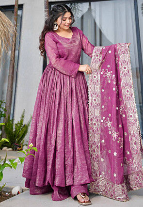 Plain Tissue Silk Pakistani Suit in Magenta