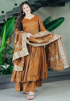 Plain Tissue Silk Pakistani Suit in Rust