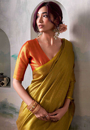 Woven Tissue Silk Saree in Mustard