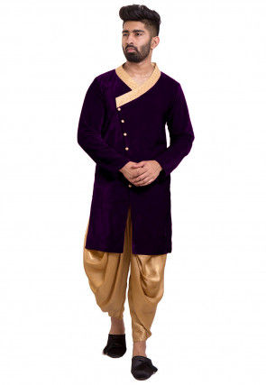 Plain Velvet Angrakha Style Sherwani in Purple