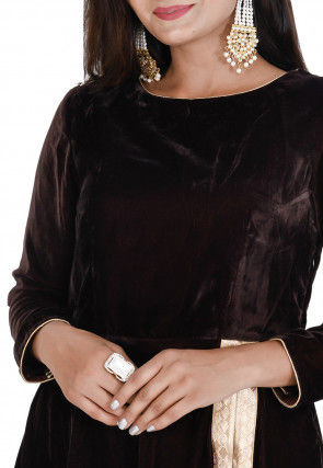 Plain Velvet Front Slit Long Kurta in Dark Brown