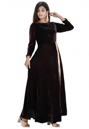 Plain Velvet Front Slit Long Kurta in Dark Brown