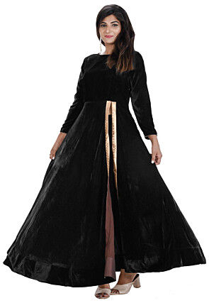 Plain Velvet Front Slit Long Kurta Set in Black