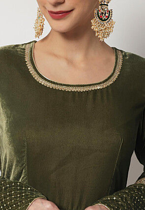 Plain Velvet Long Kurta Set in Olive Green