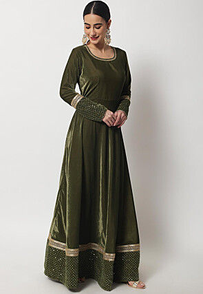 Plain Velvet Long Kurta Set in Olive Green