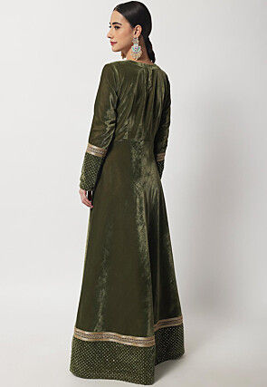 Plain Velvet Long Kurta Set in Olive Green