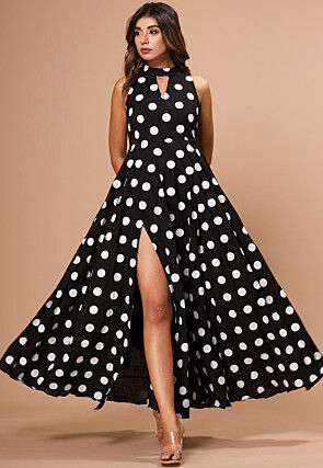 Polka Dot Cotton Front Slit Gown in Black