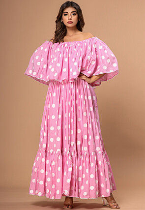 Polka Dot Cotton Ruffled Long Gown in Pink