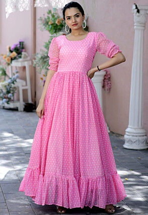 Polka Dot Georgette Flared Gown in Pink