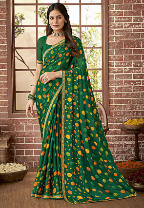 Polka Dot Printed Georgette Saree in Green