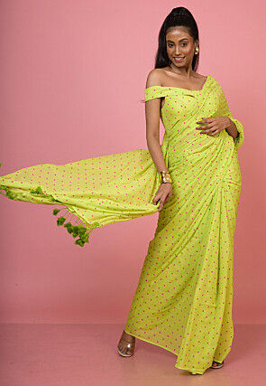 Polka Dot Printed Mul Mul Cotton Saree in Light Green