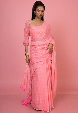 Polka Dot Printed Mul Mul Cotton Saree in Pink
