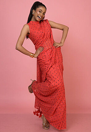 Polka Dot Printed Mul Mul Cotton Saree in Red