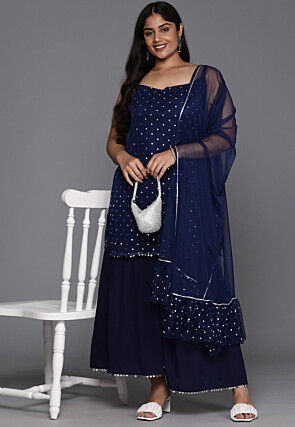 Polka Dot Printed Net Pakistani Suit in Navy Blue