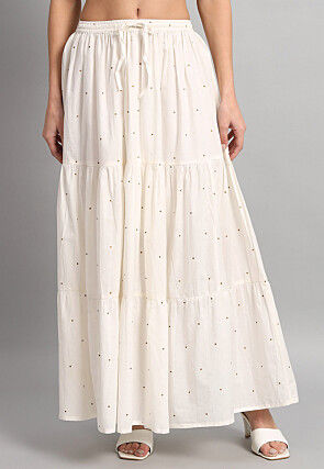 Polka Dot Printed Poly Cotton Skirt in Off White