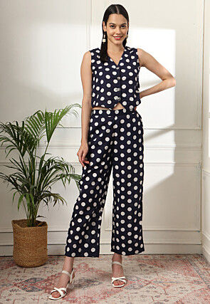 Polka Dot Printed Pure Cotton Co Ord Set in Navy Blue