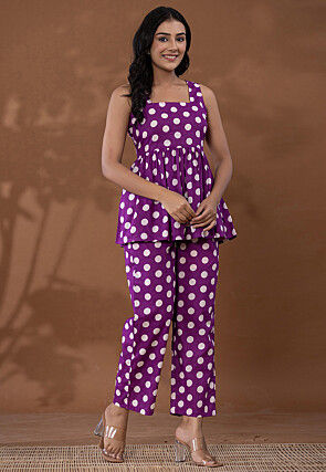 Polka Dot Printed Pure Cotton Co Ord Set in Purple