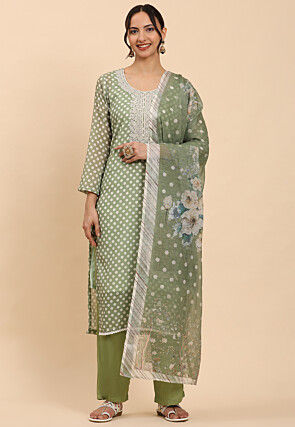 Polka Dot Printed Pure Cotton Pakistani Suit in Dusty Green