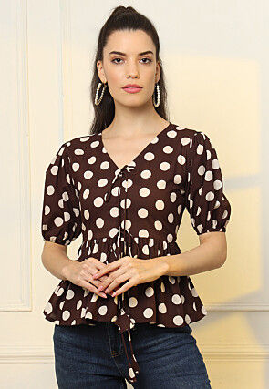 Polka Dot Printed Pure Cotton Peplum Top in Dark Brown