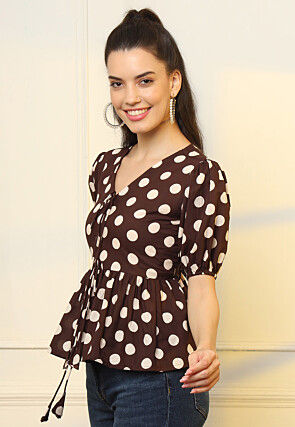 Polka Dot Printed Pure Cotton Peplum Top in Dark Brown