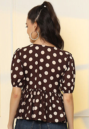 Polka Dot Printed Pure Cotton Peplum Top in Dark Brown