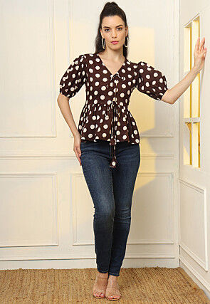 Polka Dot Printed Pure Cotton Peplum Top in Dark Brown