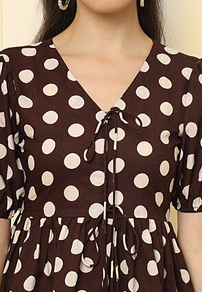 Polka Dot Printed Pure Cotton Peplum Top in Dark Brown
