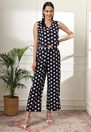 Polka Dot Printed Pure Cotton Top in Navy Blue