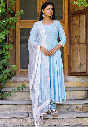 Polka Dot Printed Rayon A Line Suit in Light Blue