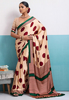 Polka Dot Printed Satin Saree in Light Beige