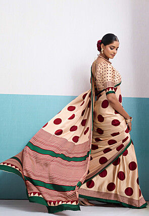 Polka Dot Printed Satin Saree in Light Beige