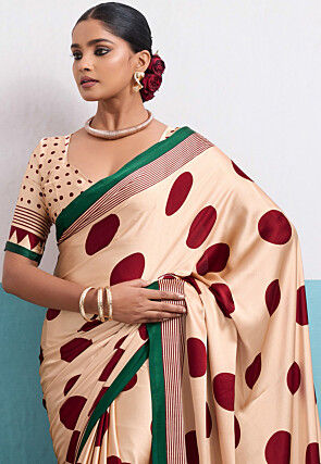 Polka Dot Printed Satin Saree in Light Beige