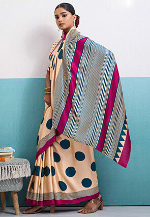 Polka Dot Printed Satin Saree in Light Beige