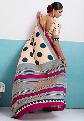 Polka Dot Printed Satin Saree in Light Beige