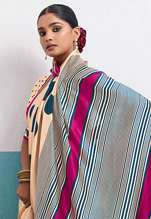 Polka Dot Printed Satin Saree in Light Beige