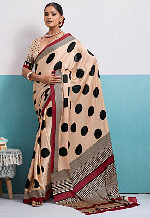 Polka Dot Printed Satin Saree in Light Beige