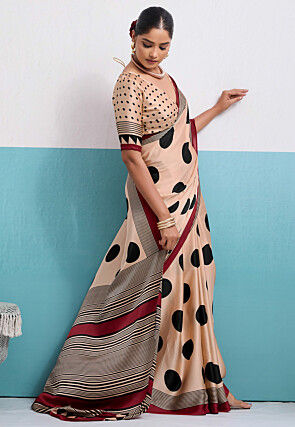 Polka Dot Printed Satin Saree in Light Beige