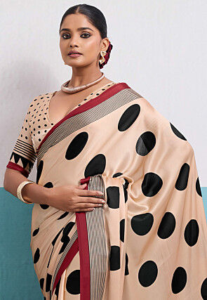 Polka Dot Printed Satin Saree in Light Beige