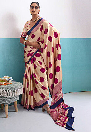 Polka Dot Printed Satin Saree in Light Beige