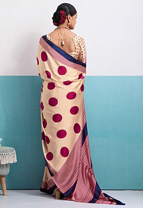 Polka Dot Printed Satin Saree in Light Beige