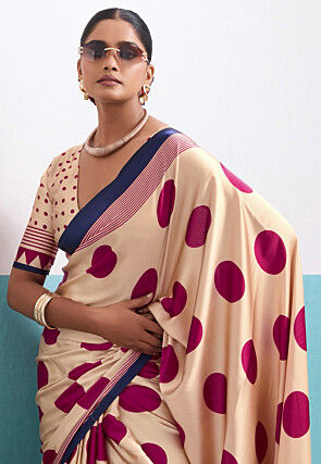 Polka Dot Printed Satin Saree in Light Beige
