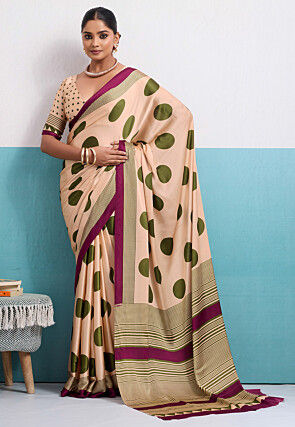 Polka Dot Printed Satin Saree in Light Beige