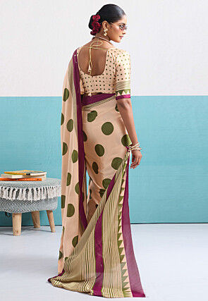 Polka Dot Printed Satin Saree in Light Beige