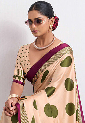 Polka Dot Printed Satin Saree in Light Beige