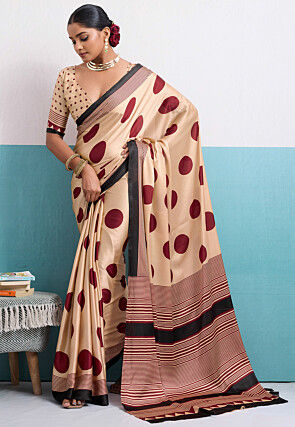 Polka Dot Printed Satin Saree in Light Beige