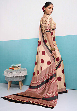 Polka Dot Printed Satin Saree in Light Beige
