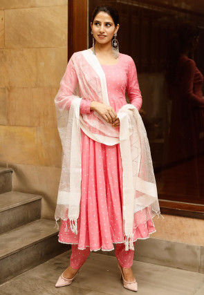 Polka Dotted Rayon Anarkali Suit in Pink