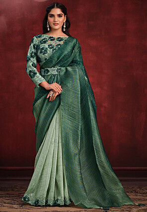 Pre Stitched Art Silk Accordian Saree in Green