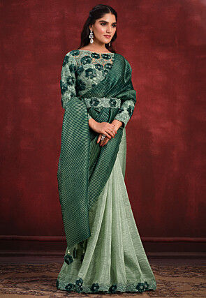 Pre Stitched Art Silk Accordian Saree in Green