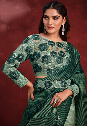 Pre Stitched Art Silk Accordian Saree in Green